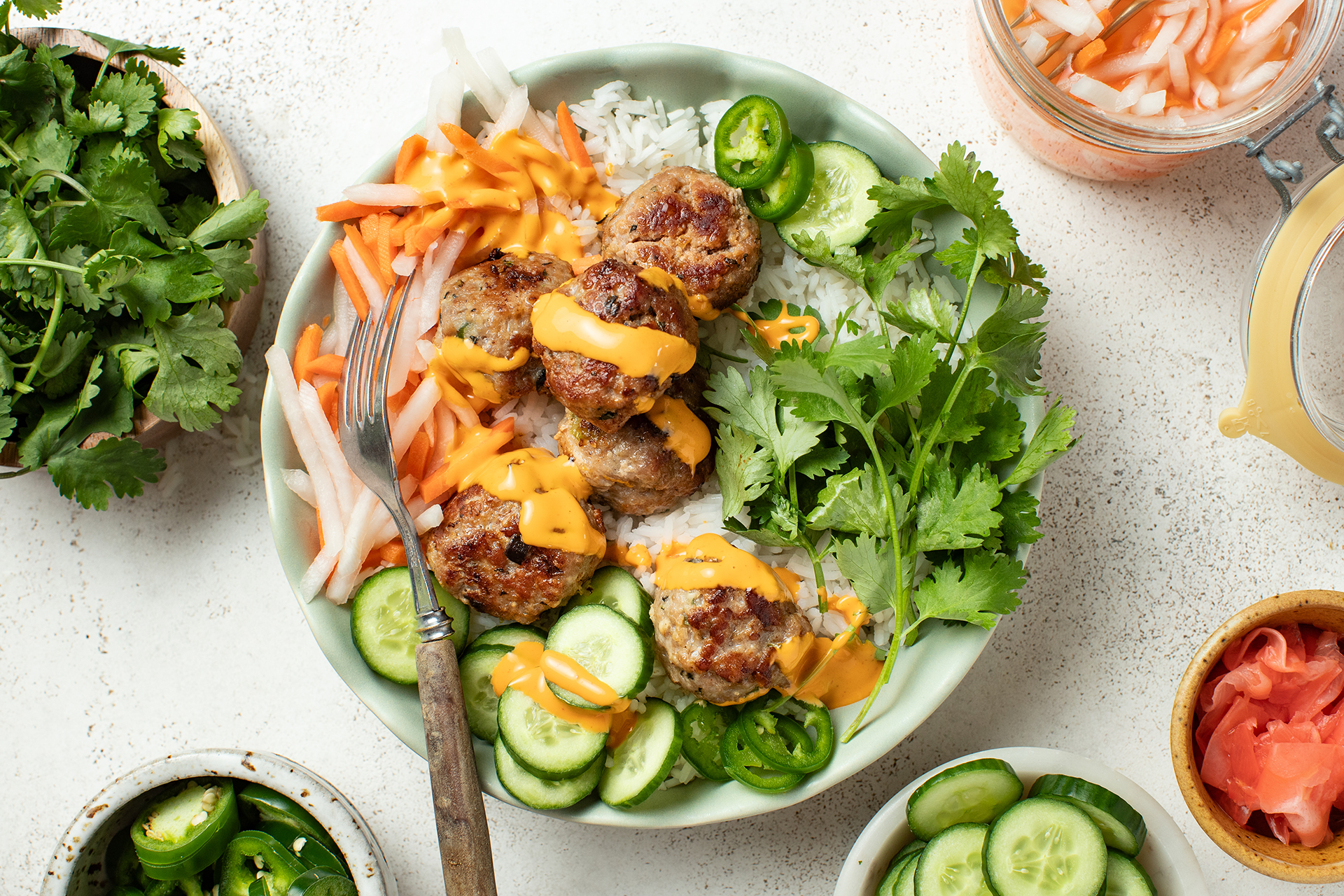Banh Mi Meatballs with Quick Pickled Veggies on Rice
