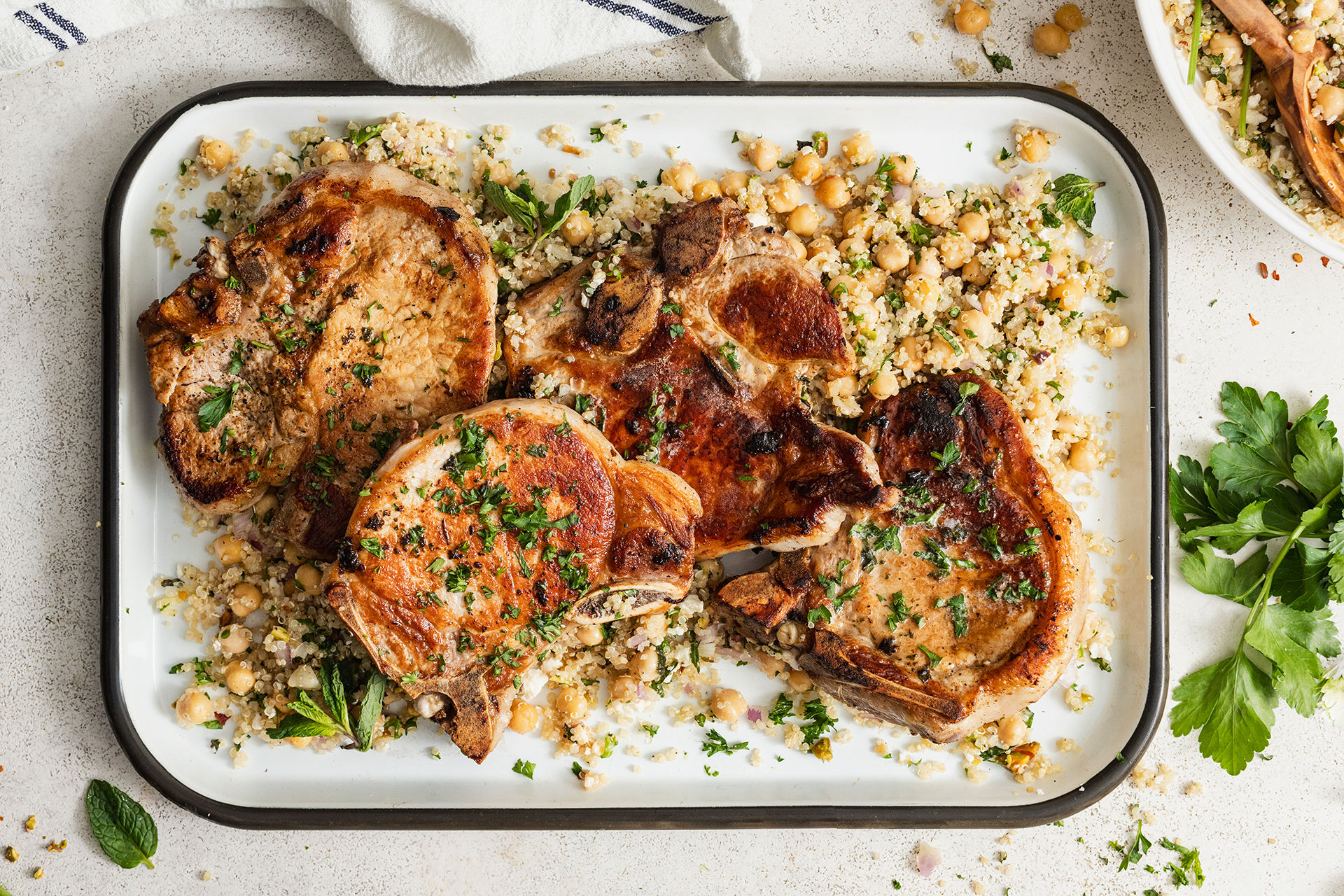 Garlic Butter Pork Chops with Lemon Chickpea Salad