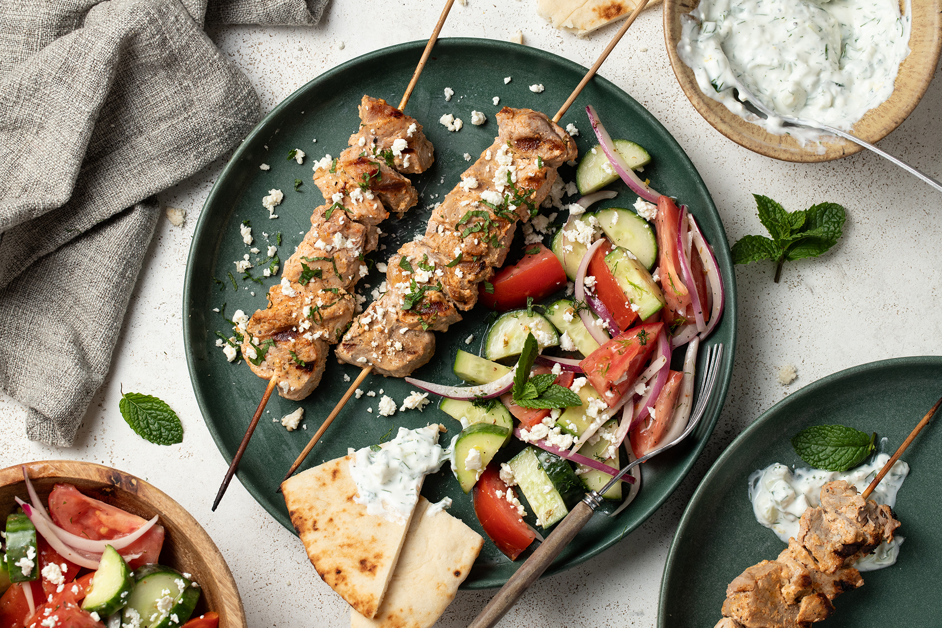 Pork Souvlaki Kebabs with Minty Tzatziki