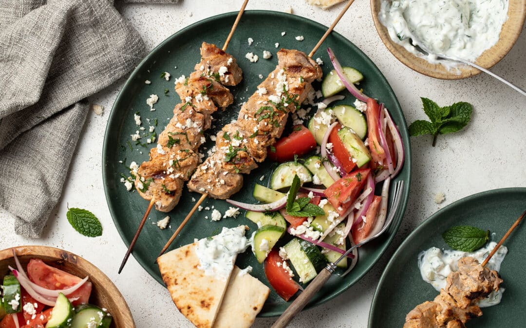 Pork Souvlaki Kebabs with Minty Tzatziki