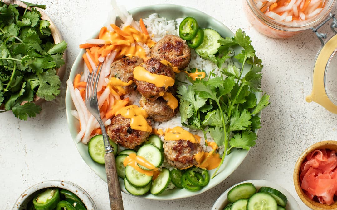 Banh Mi Meatballs with Quick Pickled Veggies on Rice