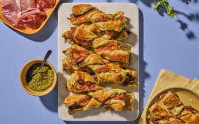 Cheesy Prosciutto and Pesto Puff Pastry Twists