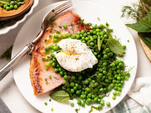 ham steak eggs and spring pea salad