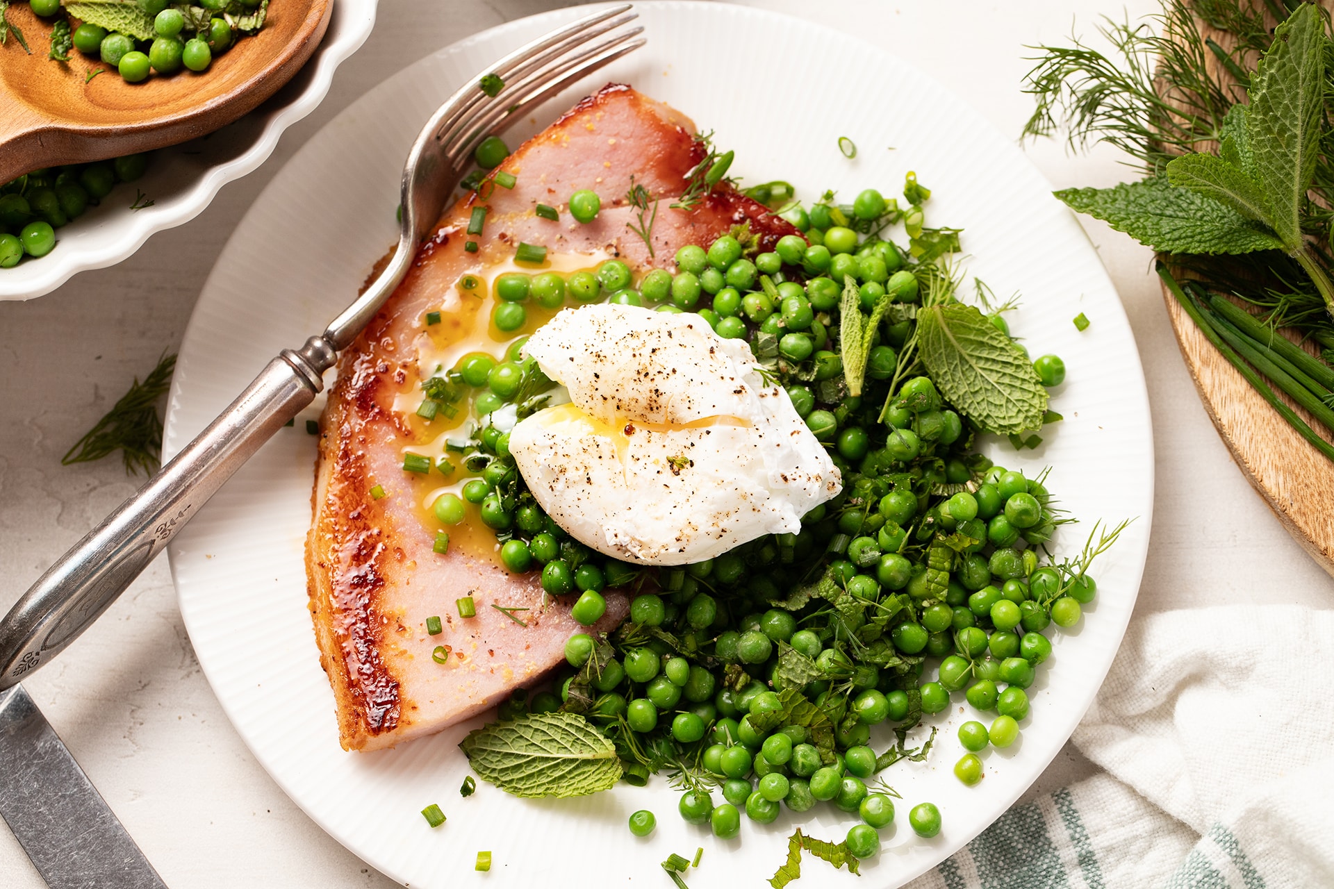 ham steak eggs and spring pea salad